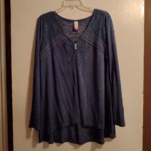 2X WOMEN'S BLUE LONG SLEEVE TOP KNIT SHIRT LADIES NAVY LACE FRONT 2XL